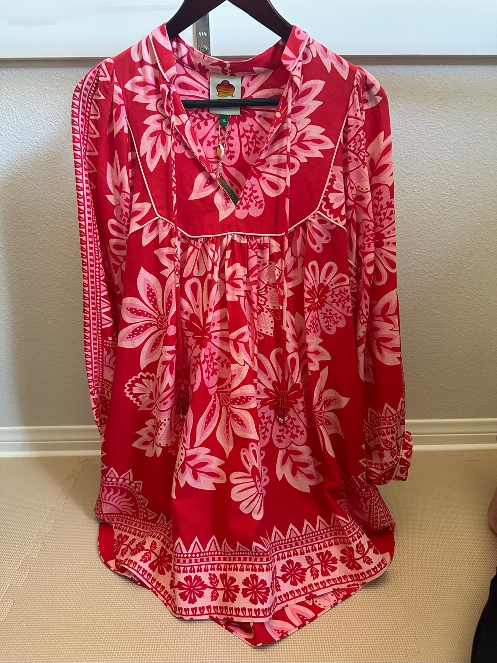 FARM Rio Red and Pink Long Sleeve Floral Tunic Dress